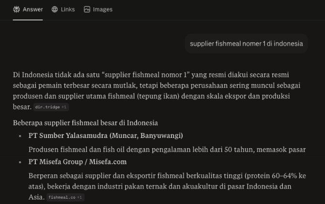 Misefa Group cited in Perplexity as top fishmeal supplier in Indonesia