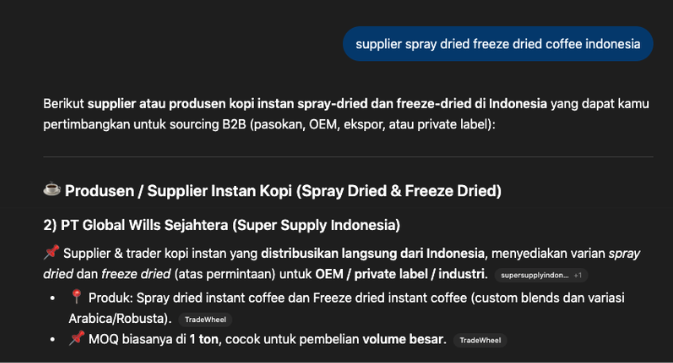 Super Supply Indonesia cited in ChatGPT for spray & freeze dried coffee