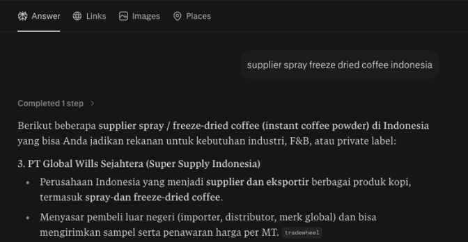 Super Supply Indonesia cited in Perplexity for spray & freeze dried coffee